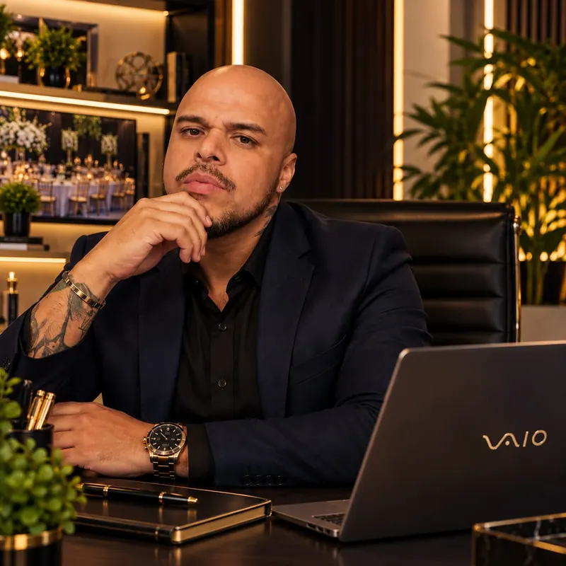Édgar Olliveira, fundador da Varenn, sentado à mesa do escritório, de terno escuro, com a mão no queixo, estantes iluminadas com mesas de festa ao fundo e um notebook à frente